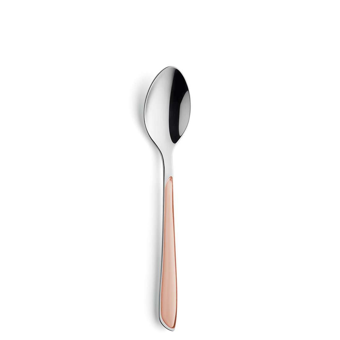 Das Kuppels PRISMA Besteckset 24-teilig Aprikose besteht aus einem Edelstahllöffel (Edelstahl 18/0) mit reflektierendem Finish und roségoldenem Griff, inspiriert von Trendfarben, auf einem schlichten weißen Hintergrund.