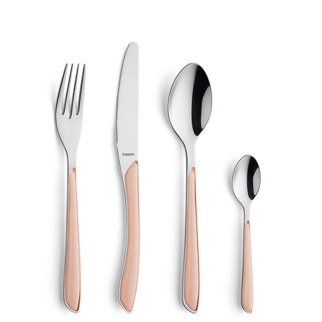 Das PRISMA Besteckset 24-teilig apricot von Kuppels zeigt glänzende Edelstahl 18/0 Besteckköpfe und apricotfarbene Griffe im Trend-Design, perfekt als farbiges Besteckset auf weißem Hintergrund.