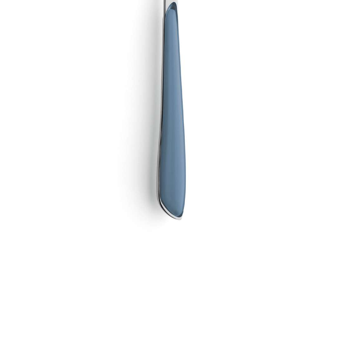 Eine Nahaufnahme des 6-teiligen Kuchengabel-Sets Kuppels PRISMA in Denimblau mit elegantem Silber-Finish und glatten Griffen, fotografiert vor einem schlichten weißen Hintergrund.