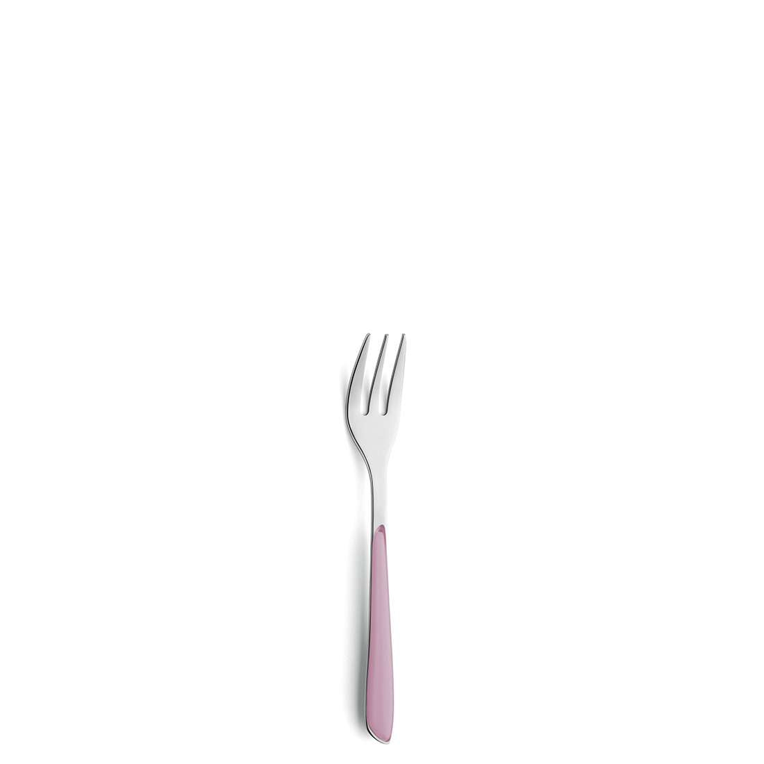 Eine Metallgabel aus dem 6-teiligen Kuchengabel-Set „Kuppls PRISMA“ in Altrosa ist auf einem schlichten weißen Hintergrund zentriert und hebt ihren eleganten Altrosa-Griff hervor.
