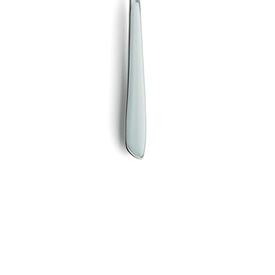 Ein einzelnes Buttermesser aus Edelstahl steht aufrecht vor einem weißen Hintergrund, mit dem Griff nach unten – eine ideale Ergänzung zum Kuppels PRISMA Kuchengabel-Set 6-teilig mint in Ihrer Bestecksammlung.