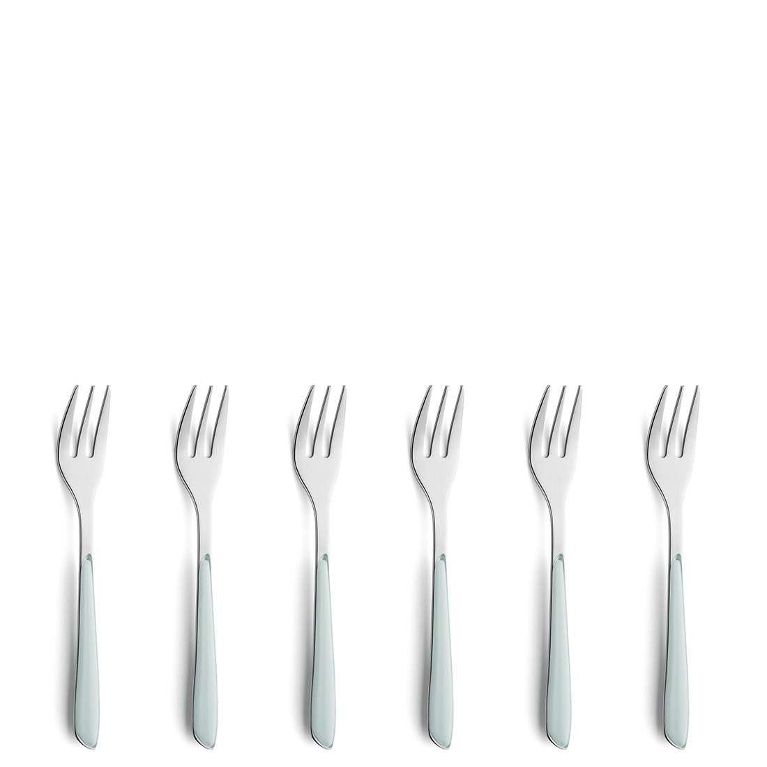 Sechs identische Kuppels PRISMA Kuchengabeln (Set 6-teilig mint) stehen gleichmäßig verteilt in einer horizontalen Linie vor einem schlichten weißen Hintergrund.