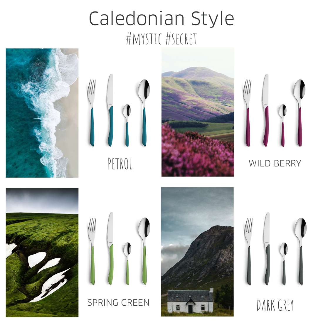 Eine Collage zeigt das 24-teilige Kuppels PRISMA Besteckset in Dunkelgrau mit Griffen in Petrol, Waldbeere, Frühlingsgrün und Dunkelgrau – jeweils eine Anspielung auf schottische Landschaften. Der Text lautet: Caledonian Style #mystic #secret.
