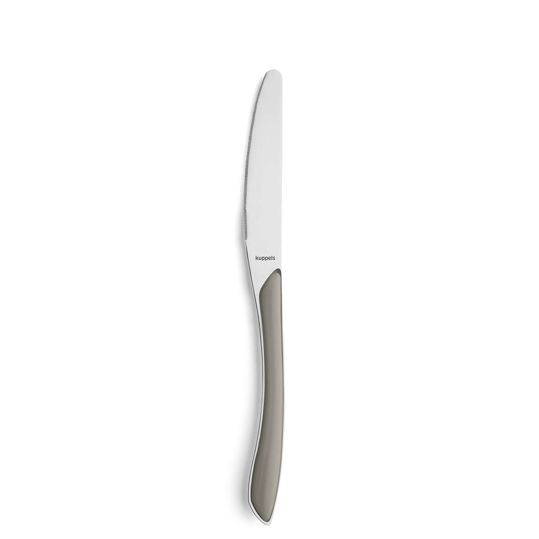Ein Tafelmesser aus dem Kuppels PRISMA Besteckset 24-teilig taupe, gefertigt aus robustem Edelstahl 18/0, verfügt über einen glatten, teilweise taupefarbenen Griff und eine leicht gezahnte Klinge. Fotografiert vor weißem Hintergrund.