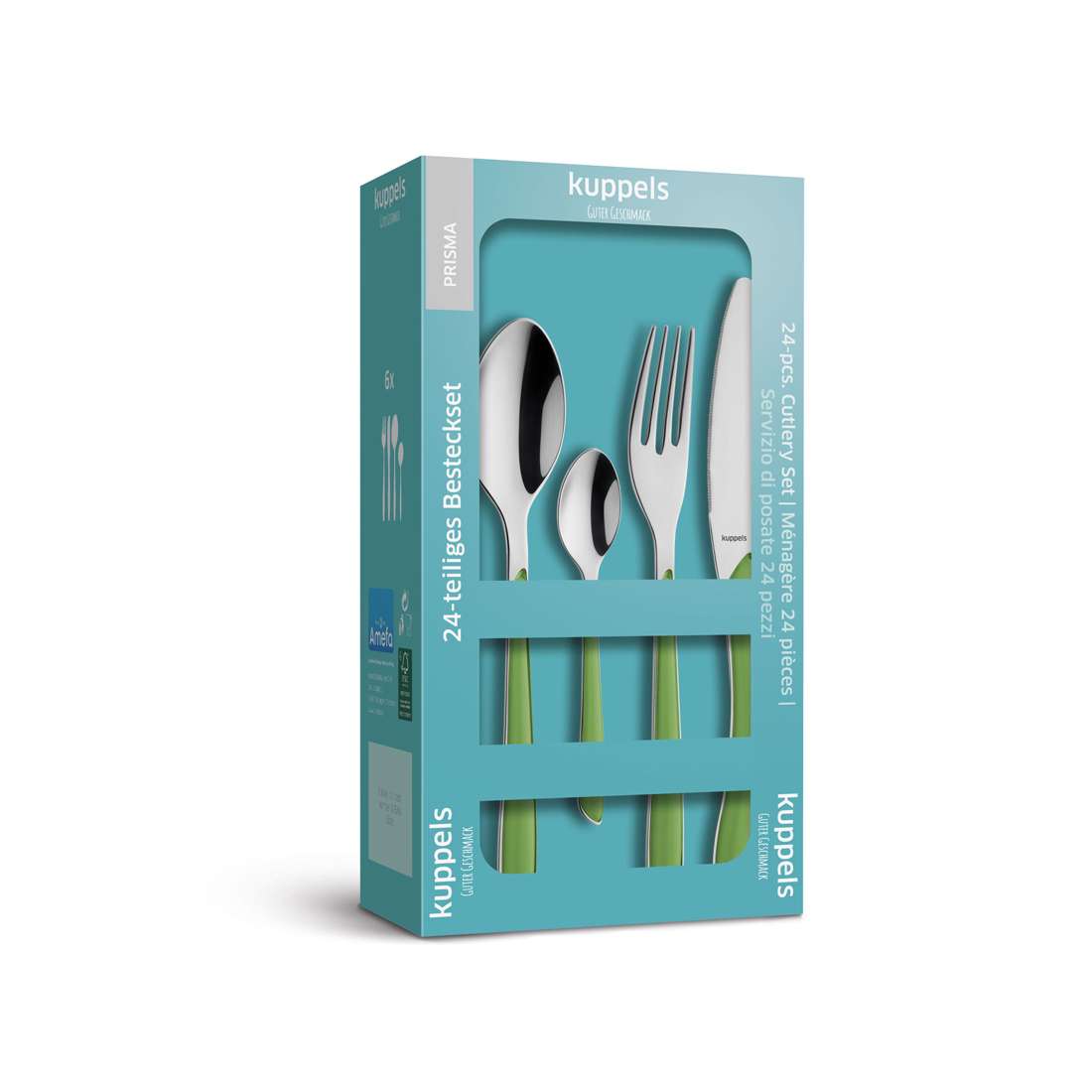 Das 24-teilige PRISMA Besteckset springgreen von Kuppels ist in einer türkis-weißen Verpackung mit Sichtfenster zu sehen, das das farbige Besteck mit silbernen Spitzen und hellgrünen Griffen zeigt.
