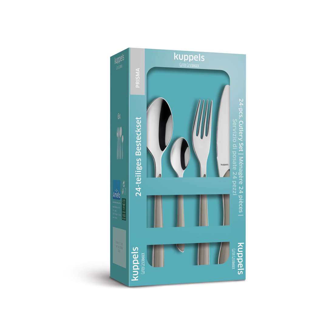 Ein PRISMA Besteckset 24-teilig taupe von Kuppels mit Messern, Gabeln, Löffeln und Teelöffeln aus rostfreiem Stahl in taupe und weißer Verpackung mit der Aufschrift 24-teiliges Besteckset.