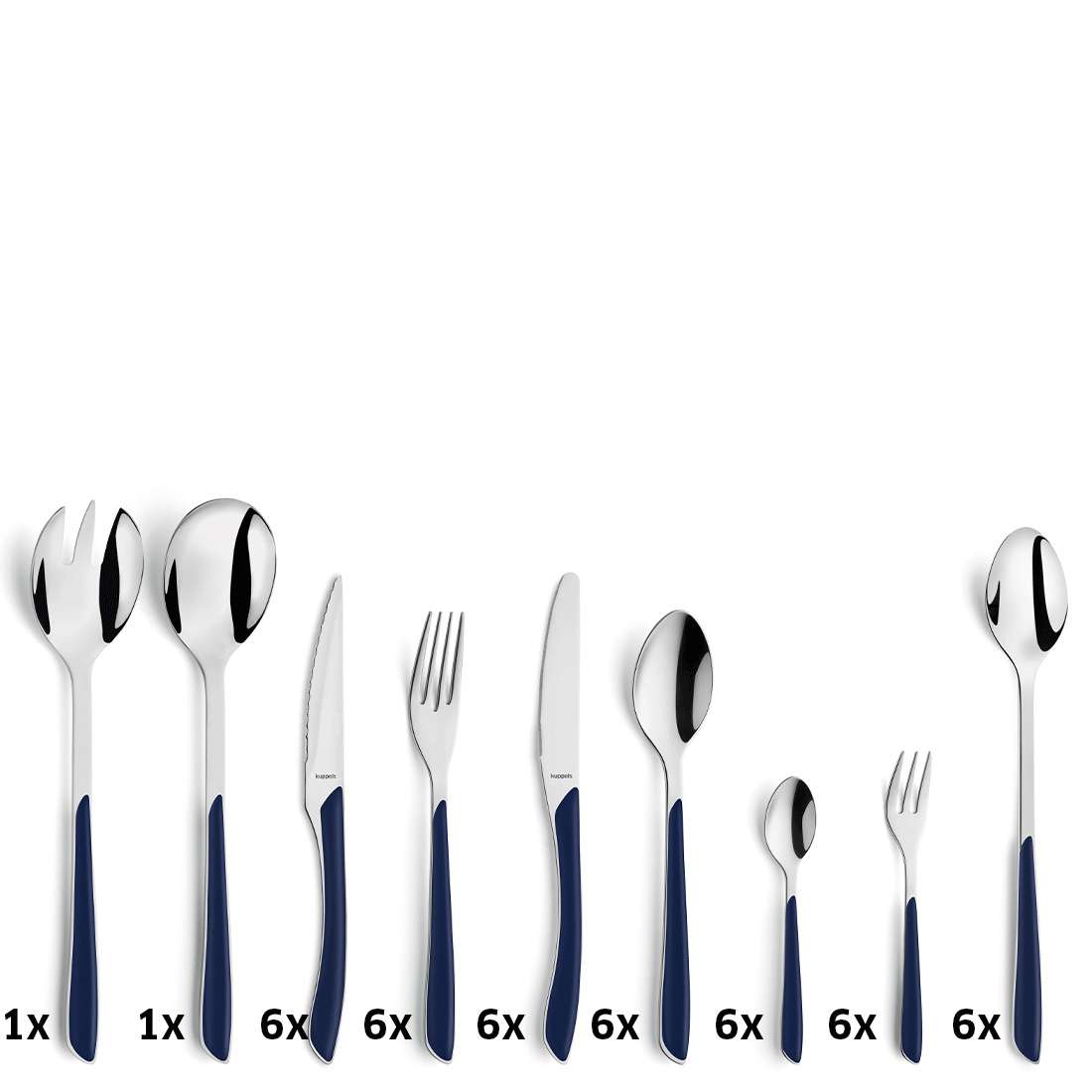 Das 44-teilige PRISMA Besteckset indigoblau von Kuppels umfasst Edelstahl-Besteck in Trendfarbe mit blauen Griffen: 1 Serviergabel, 1 Servierlöffel, je 6 Tafelmesser, Tafelgabeln, Tafellöffel, Teelöffel und Kuchengabeln.