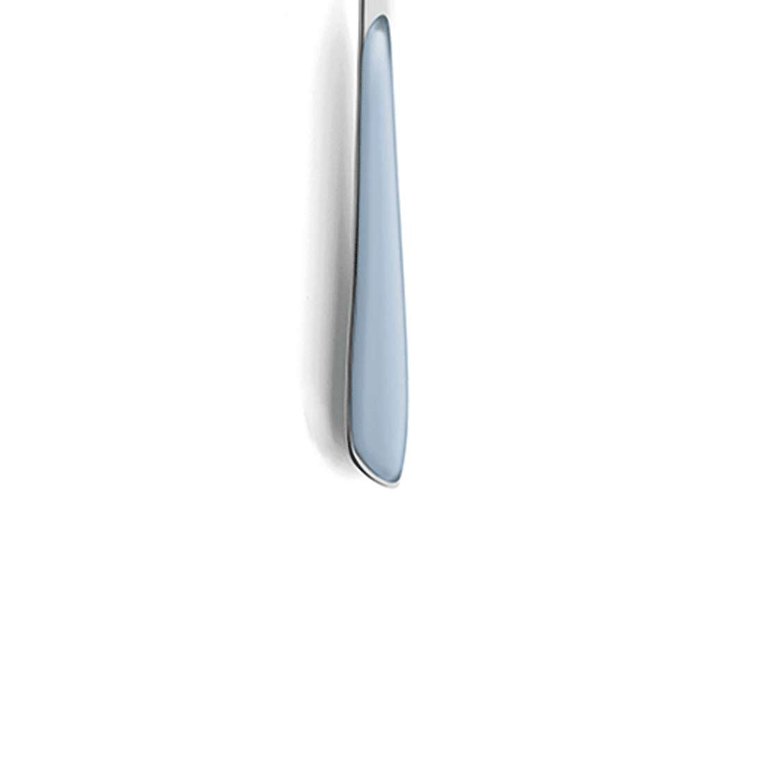 Ein einzelnes silbernes Messer mit glattem Edelstahlgriff ist vertikal auf Weiß abgebildet und ergänzt das Kuppels PRISMA Kuchengabel Set 6-teilig himmelblau Besteck.