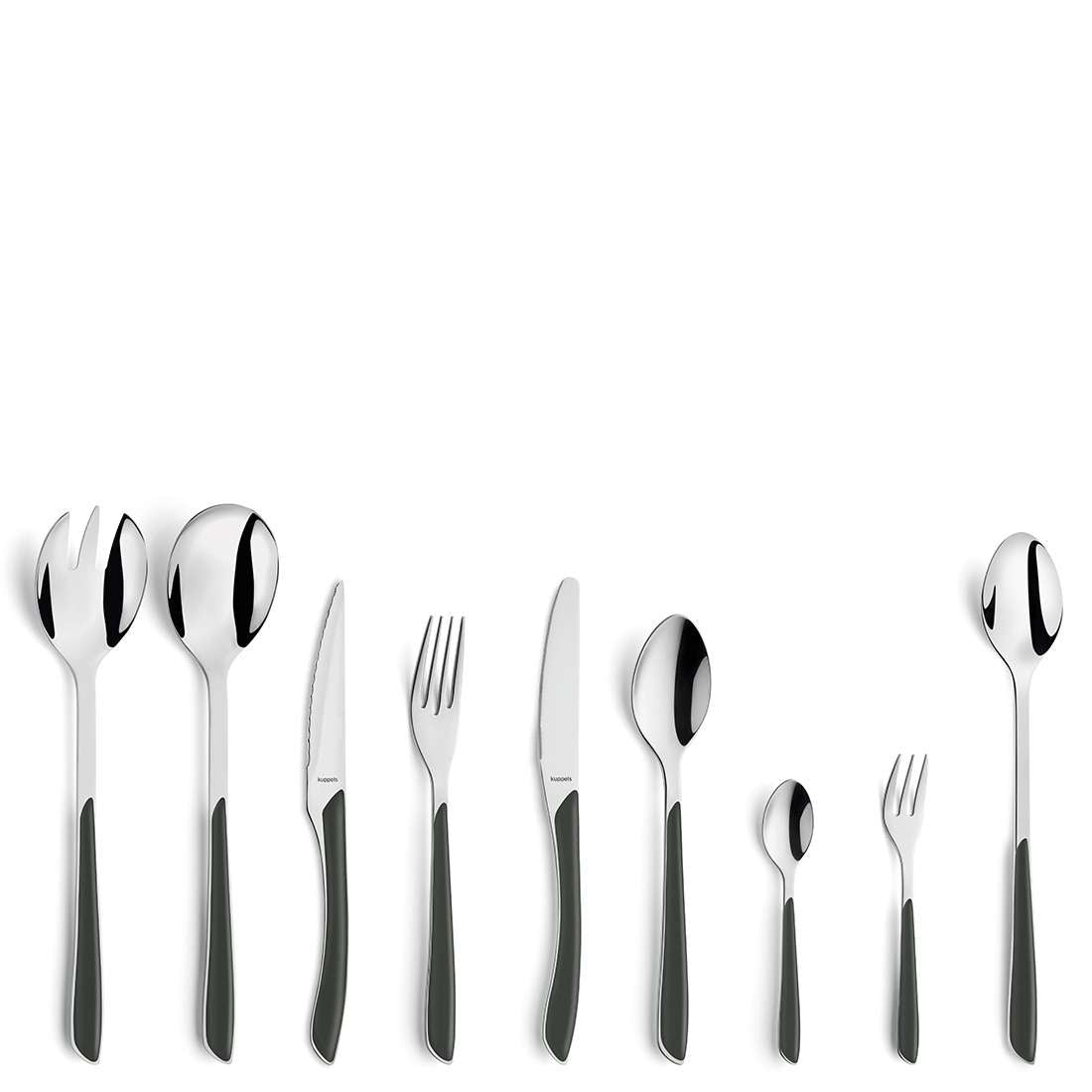 Das Kuppels PRISMA Besteckset 44-teilig schiefergrau verfügt über glänzende Edelstahl 18/0-Oberseiten und dunkle Griffe, einschließlich Servierlöffeln, Messern, Gabeln und Teelöffeln für einen stilvollen Look.