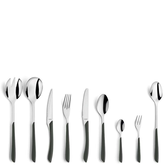 Das Kuppels PRISMA Besteckset 44-teilig schiefergrau verfügt über glänzende Edelstahl 18/0-Oberseiten und dunkle Griffe, einschließlich Servierlöffeln, Messern, Gabeln und Teelöffeln für einen stilvollen Look.