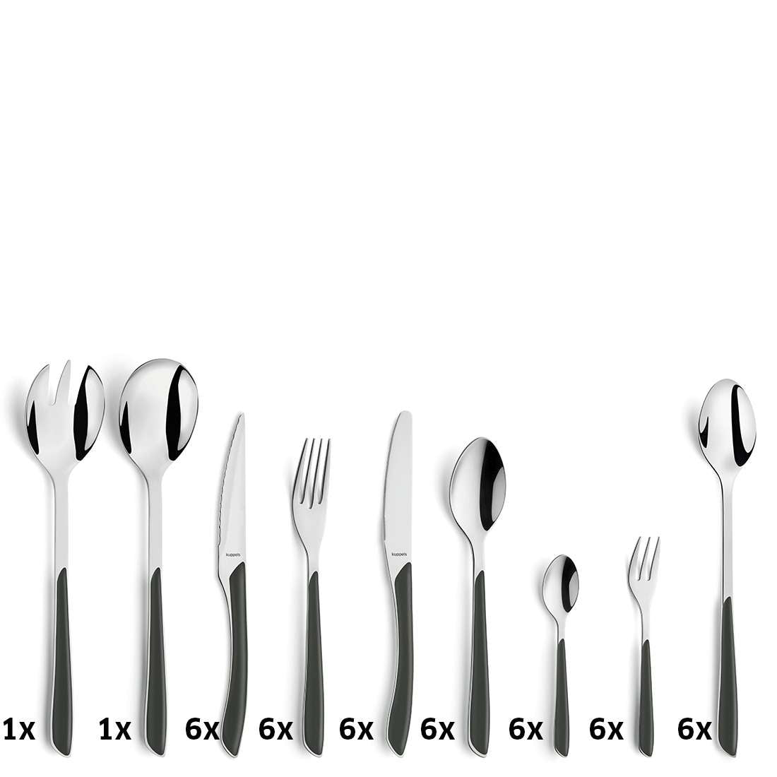 Das Kuppels PRISMA Besteckset 44-teilig schiefergrau besteht aus Besteck aus Edelstahl 18/0 mit schwarzen Griffen: Serviergabel, Servierlöffel und je 6 Menümesser, Gabeln, Löffel, Dessertlöffel, Dessertgabeln und Teelöffel.