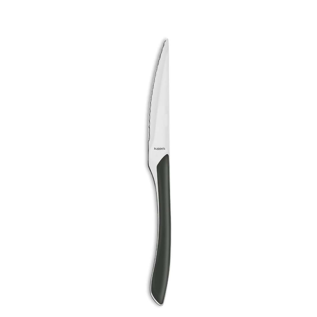 Das Kuppels PRISMA Besteckset 44-teilig schiefergrau besteht aus einem Steakmesser aus Edelstahl (Edelstahl 18/0) mit gezackter Klinge und stilvollem dunkelgrauem Griff, dargestellt auf weißem Hintergrund.