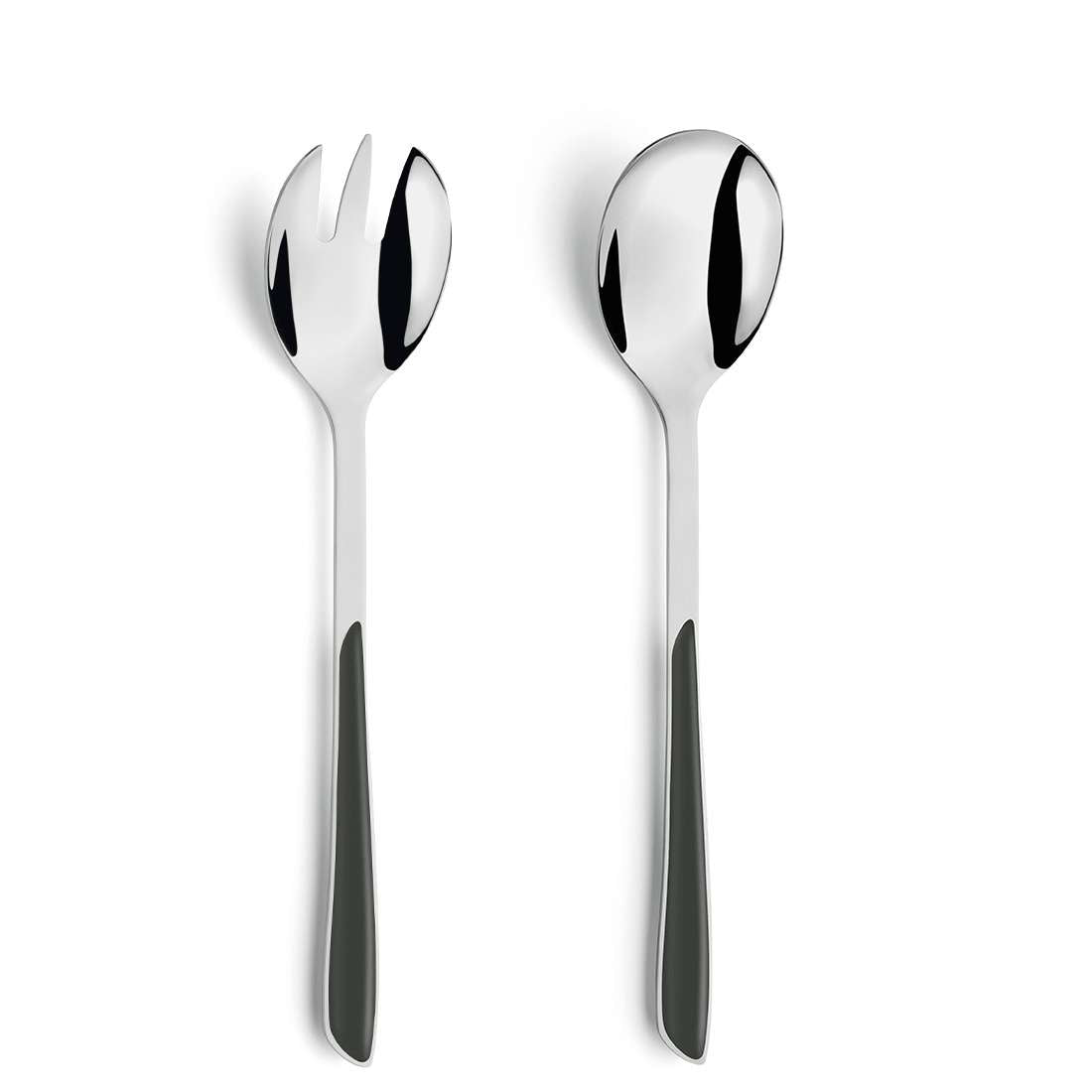 Das Kuppels PRISMA Besteckset 44-teilig schiefergrau verfügt über moderne, langstielige Servierbestecke – Gabel (3 Zinken) und Löffel – aus robustem Edelstahl 18/0 mit minimalistischem Design.