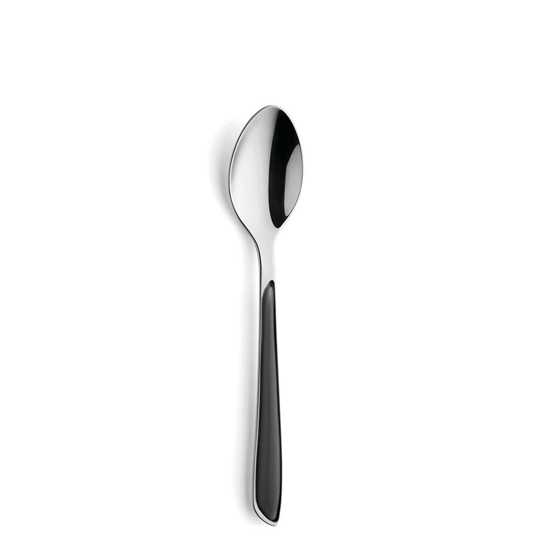 Ein einzelnes PRISMA Besteckset 44-teilig schiefergrau Löffel von Kuppels aus Edelstahl 18/0 glänzt vor weißem Hintergrund und unterstreicht das moderne Design des farbigen Bestecks in Trendfarbe Schiefergrau.