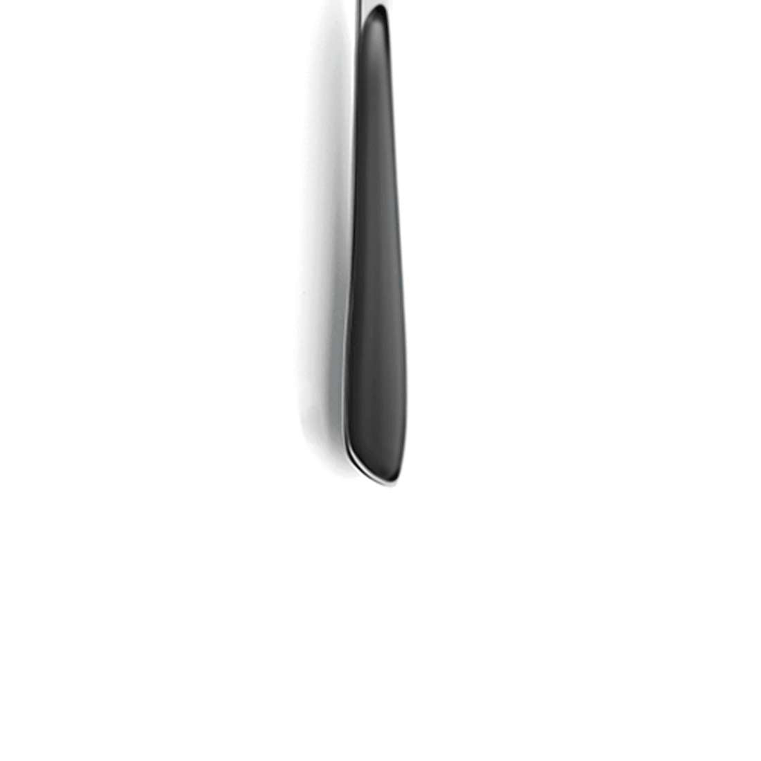 Auf weißem Untergrund steht senkrecht ein schlichtes schwarzes Buttermesser, dessen Griff sichtbar ist – ideal passend zum Kuppels PRISMA Kuchengabel-Set 6-teilig schiefergrau für eine stilvolle, moderne Tischdekoration.