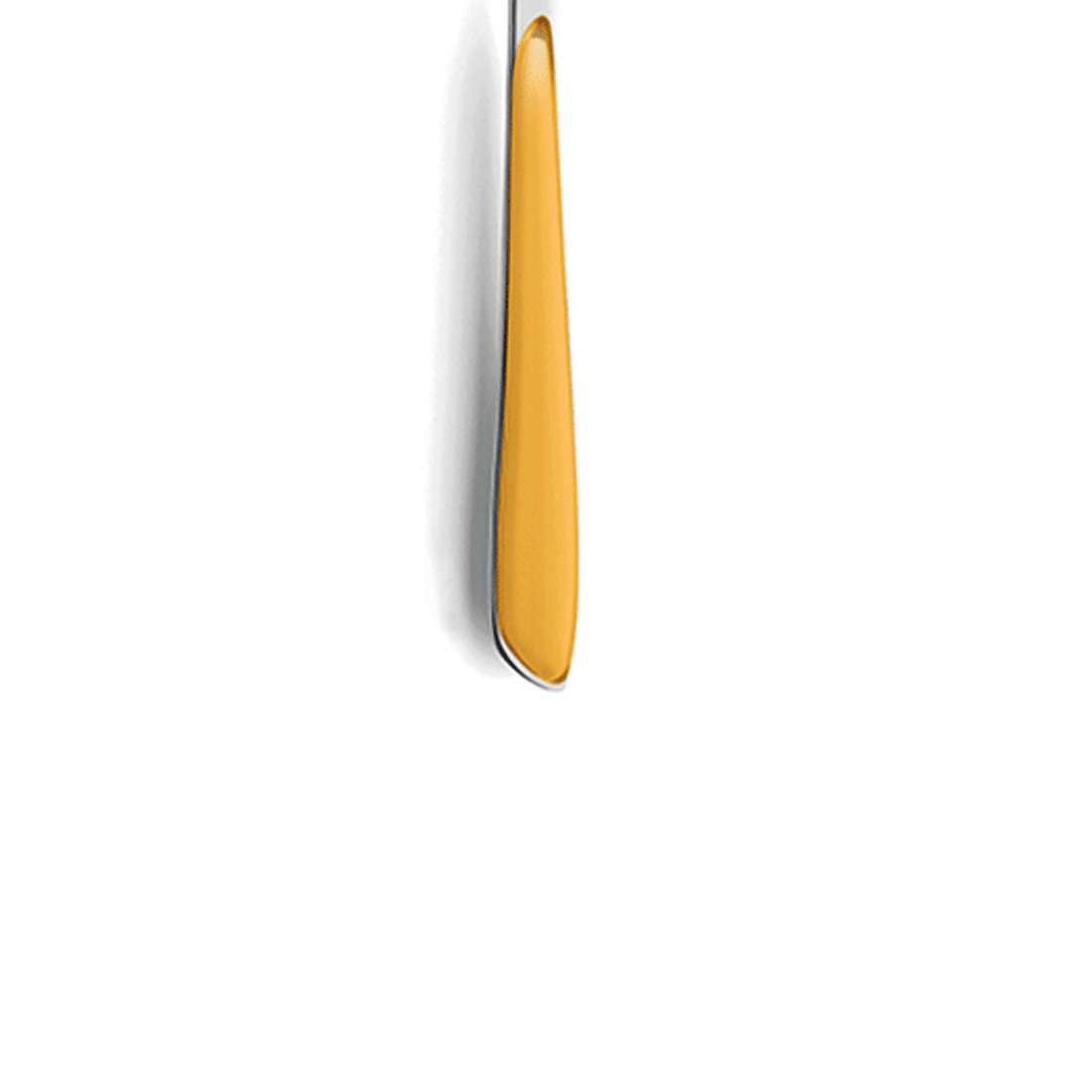 Ein einzelnes, modernes Buttermesser mit senfgelbem Griff steht vertikal vor einem weißen Hintergrund und ergänzt das Kuppels PRISMA Kuchengabel-Set 6-teilig senfgelb perfekt.