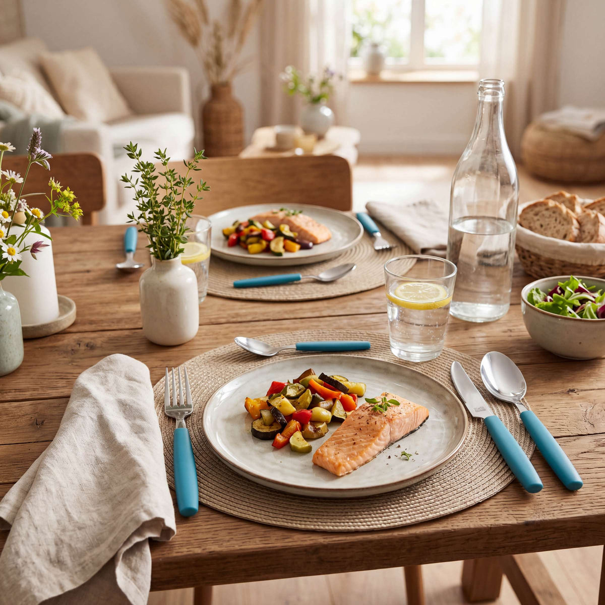 Ein Esstisch aus Holz für zwei Personen, gedeckt mit dem 16-teiligen Amefa VALOA-Besteckset in Petrol, Tellern mit Lachs und geröstetem Gemüse, Wasser mit Zitrone, Salat, Brot und einer schlichten Blumendekoration in einem hellen Raum. Spülmaschinenfest für eine einfache Reinigung.