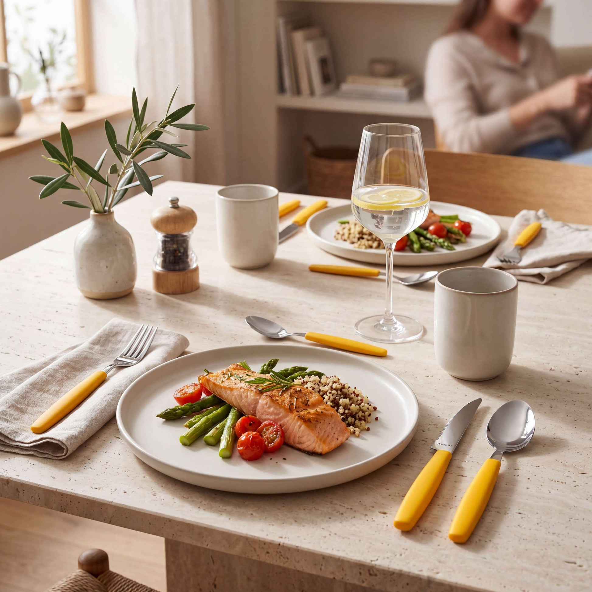Auf einem für zwei Personen gedeckten Tisch stehen Teller mit Lachs, Spargel, Getreide und Kirschtomaten. Auf dem Tisch befinden sich das 16-teilige Amefa VALOA-Besteckset in Gelb, Tassen, ein Weinglas mit Zitronenwasser sowie eine schlichte Dekoration; im Hintergrund sitzt eine Person.