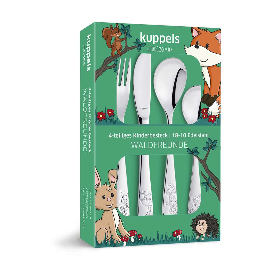 Das Kuppels WALDFREUNDE Kinderbesteck Set 4-teilig kommt in einer grünen Schachtel mit Waldtieren - Fuchs, Hase, Igel und Marienkäfer - graviert auf Gabel, Messer und zwei Löffeln aus Edelstahl 18/10.