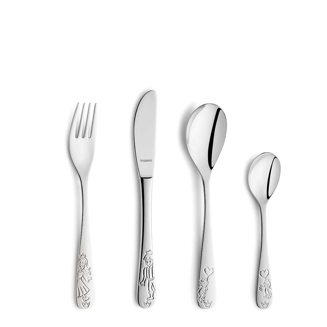 Das 4-teilige Kuppels Prinzessin Kinderbesteck-Set besteht aus Gabel, Messer, großem und kleinem Löffel, jeweils mit verspielten Prinzessinnen-Gravuren und ergonomischem Design. Das Set ist auf schlichtem weißem Hintergrund abgebildet.
