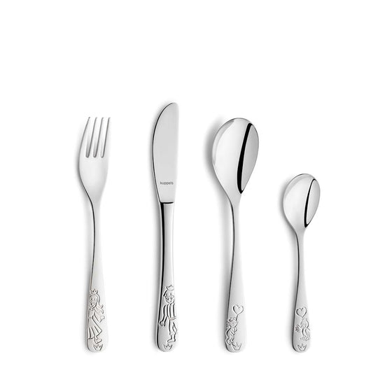 Das 4-teilige Kuppels Prinzessin Kinderbesteck-Set besteht aus Gabel, Messer, großem und kleinem Löffel, jeweils mit verspielten Prinzessinnen-Gravuren und ergonomischem Design. Das Set ist auf schlichtem weißem Hintergrund abgebildet.