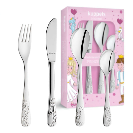 PRINZESSIN Kinderbesteck-Set, 4-teilig, mit eingravierten Märchenfiguren, präsentiert vor der dazu passenden, illustrierten Geschenkbox.
