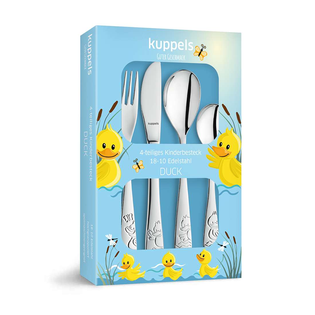 Das DUCK Kinderbesteck Set 4-teilig von Kuppels kommt in einer blauen Box mit Enten-Illustrationen, enthält vier Utensilien aus Edelstahl (18/10) mit Enten-Prägung, die durch ein Fenster sichtbar sind, und ist mit Kuppels GUTER GERMANS DUCK beschriftet.