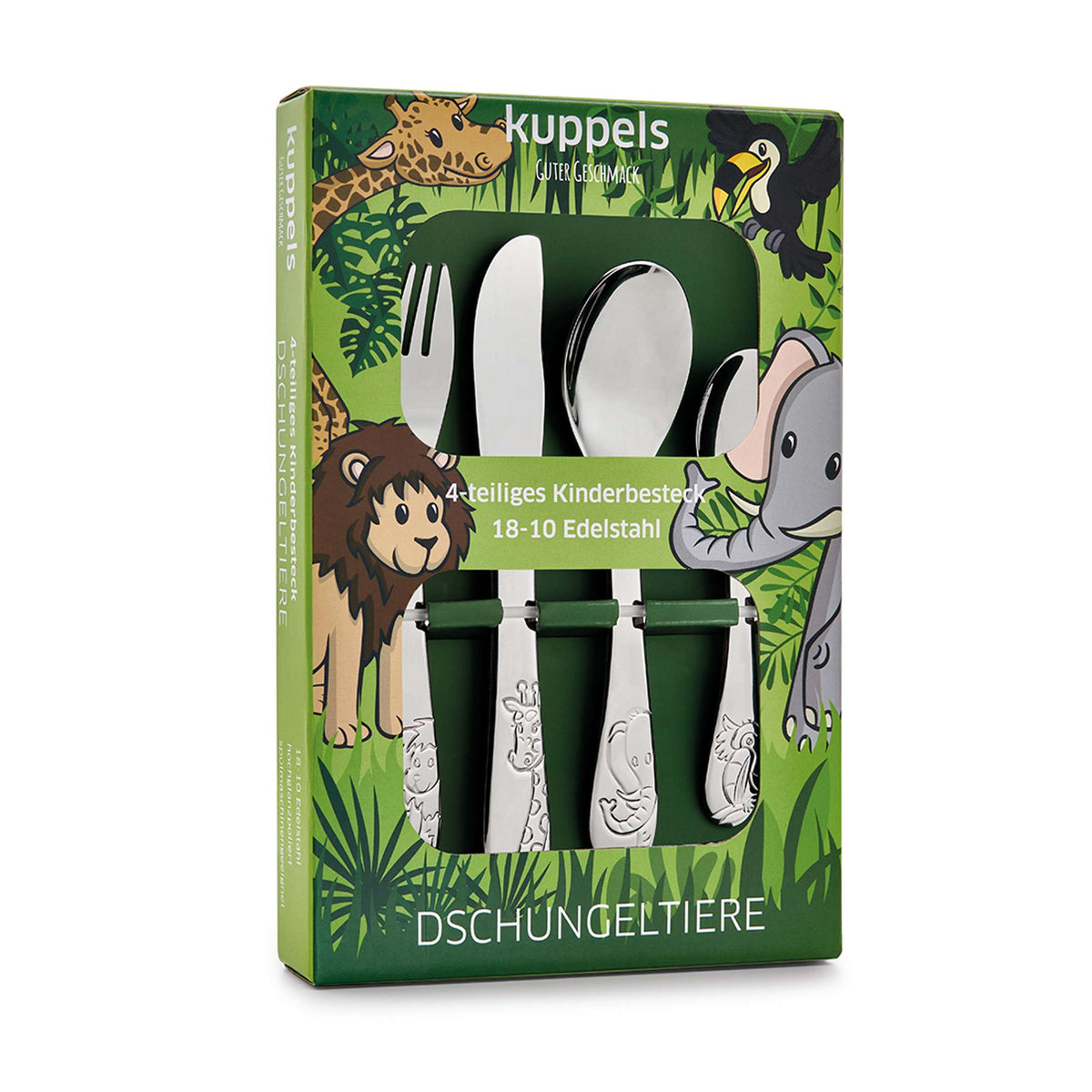 Vierteiliges DSCHUNGELTIERE-Kinderbesteck-Set aus 18/10-Edelstahl in einer Display-Box mit Dschungelmotiven, verziert mit Abbildungen einer Giraffe, eines Löwen, eines Tukans und eines Elefanten.