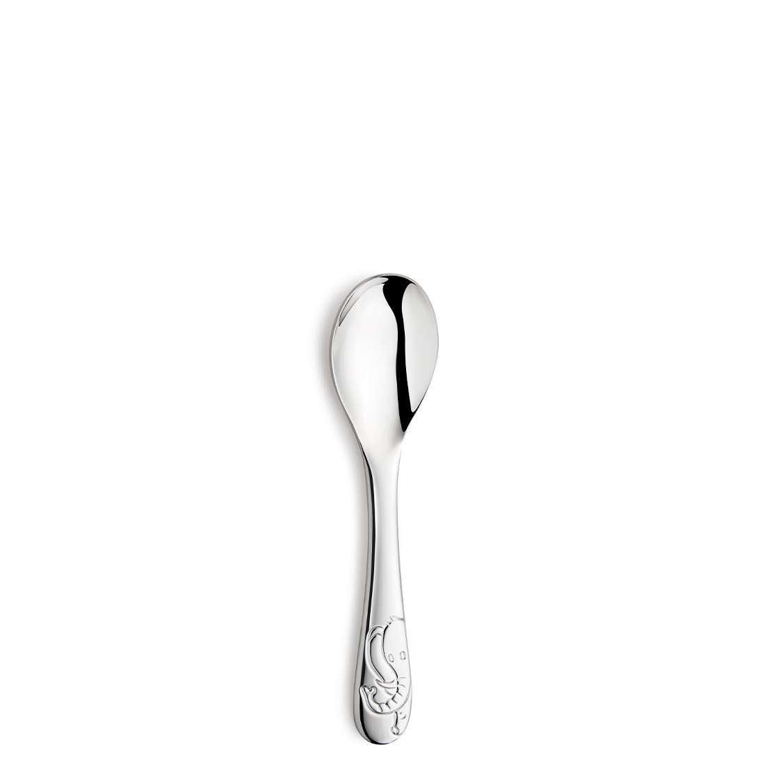 Das Kuppels Dschungeltiere Kinderbesteck-Set 4-teilig enthält einen glänzenden silbernen Löffel mit schlichtem Design, graviert mit Halbmond und Sternen am Griff – ideal für selbstständiges Essen. Das Set wurde auf schlichtem weißem Hintergrund fotografiert.