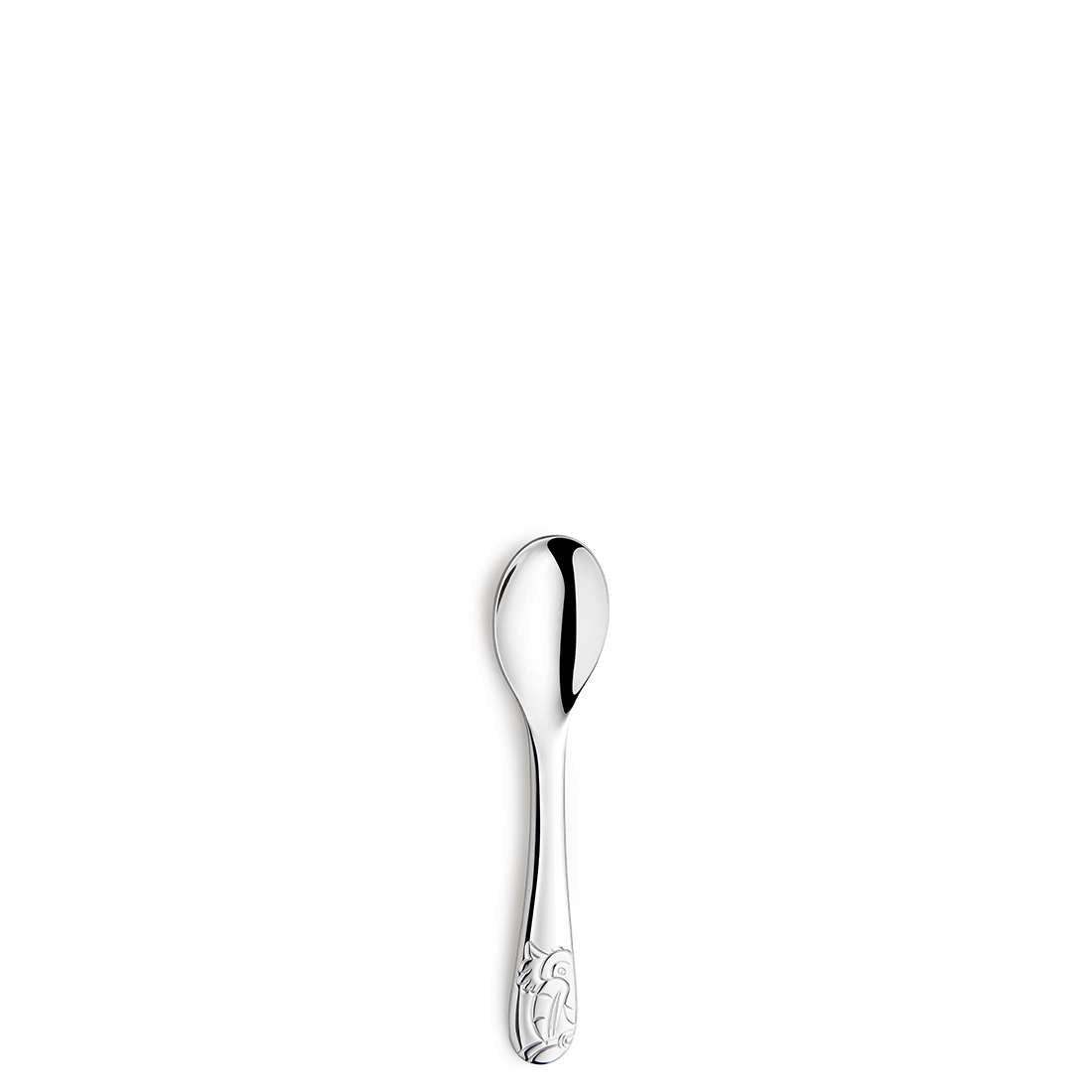 Ein glänzender Kuppels Dschungeltiere Kinderbesteck-Set (4-teilig) aus Metall mit einem eingravierten Dschungeltier-Design am Ende des Griffs, dargestellt auf einem schlichten weißen Hintergrund. Ideal für selbstständiges Essen.