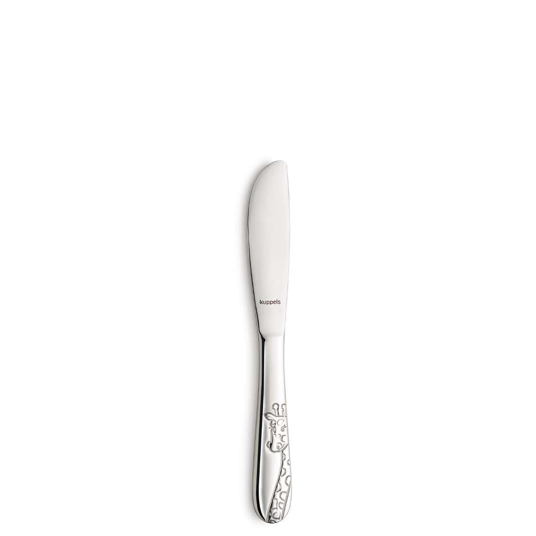 Das 4-teilige Kuppels Dschungeltiere Kinderbesteck-Set enthält ein Buttermesser aus Edelstahl mit polierter Oberfläche und graviertem Griff, ideal zur Förderung des selbstständigen Essens. Aufrecht auf schlichtem weißem Hintergrund dargestellt.