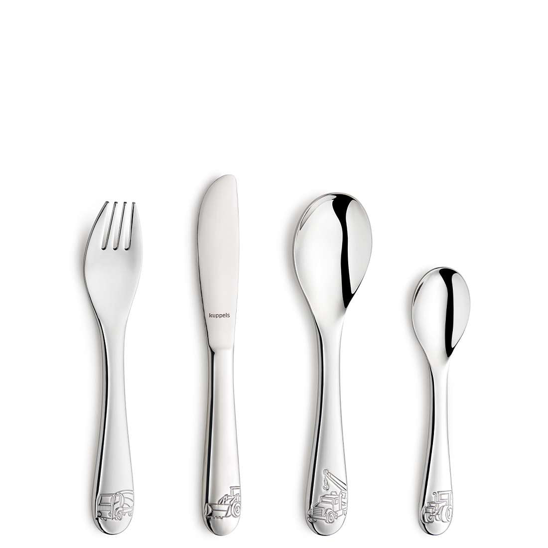 Das Kuppels BAUSTELLENHELDEN Kinderbesteck Set 4-teilig enthält eine Gabel, ein Messer, einen Esslöffel und einen Teelöffel, jeweils mit geprägten Baustellenfahrzeugen in der Nähe des Griffansatzes auf weißem Grund - das perfekte niedliche Besteck für kleine Baumeister.