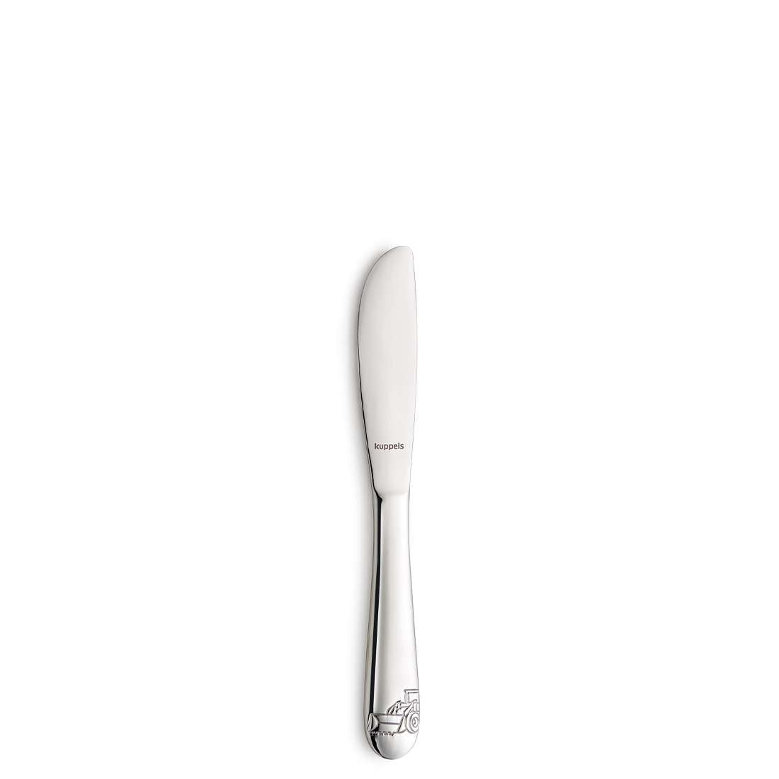 Ein Kuppels BAUSTELLENHELDEN Kinderbesteck Set 4-teilig Edelstahl Buttermesser mit abgerundeter Spitze und dekorativem Griff ist vertikal auf einem schlichten weißen Hintergrund abgebildet.