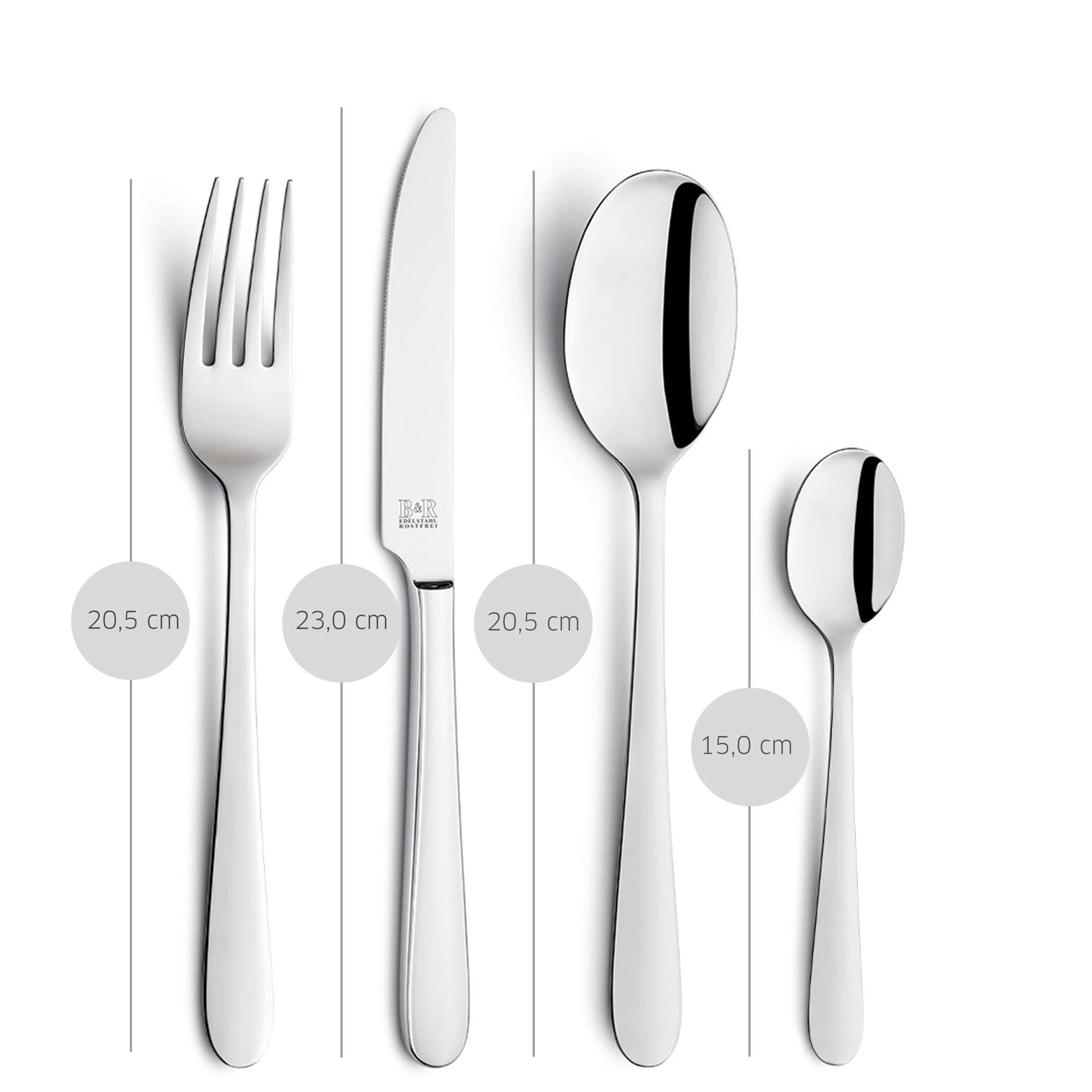 Vier Edelstahlbesteckteile aus dem 24-teiligen DALI-Besteckset von Beckmann & Rommerskirchen – Gabel (20,5 cm), Messer (23 cm), Esslöffel (20,5 cm) und Teelöffel (15 cm) – sind jeweils senkrecht abgebildet, wobei ihre Längen angegeben sind. Diese aus hochwertigem 18/10-Edelstahl gefertigten, spülmaschinenfesten Besteckteile sind eine ideale Ergänzung zum DALI Besteckset 24-teilig.