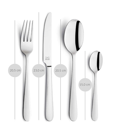 Vier Edelstahlbesteckteile aus dem 24-teiligen DALI-Besteckset von Beckmann & Rommerskirchen – Gabel (20,5 cm), Messer (23 cm), Esslöffel (20,5 cm) und Teelöffel (15 cm) – sind jeweils senkrecht abgebildet, wobei ihre Längen angegeben sind. Diese aus hochwertigem 18/10-Edelstahl gefertigten, spülmaschinenfesten Besteckteile sind eine ideale Ergänzung zum DALI Besteckset 24-teilig.