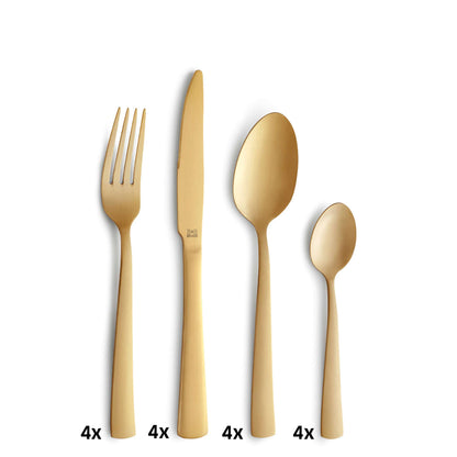 Vier goldene Besteckteile – eine Gabel, ein Messer, ein Esslöffel und ein Teelöffel – sind vertikal auf weißem Hintergrund angeordnet. Unter jedem Besteckteil weist die Angabe „4x“ darauf hin, dass das PADINA Besteckset 16-teilig PVD champagner mattiert von Beckmann & Rommerskirchen jeweils vier Exemplare jedes Teils enthält. Dieses Set wurde fachmännisch aus hochwertigem Edelstahl 18/0 gefertigt und mit einer eleganten, matten PVD-Beschichtung in Champagneroptik veredelt. Es verleiht Ihrem Esstisch sowohl