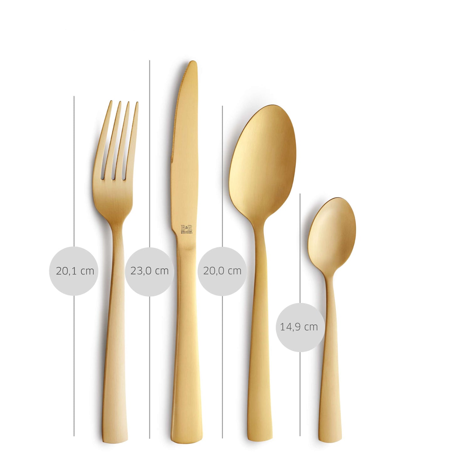 Vierer-Set aus dem PADINA Besteckset 16-teilig PVD champagner mattiert von Beckmann & Rommerskirchen – bestehend aus einer Gabel (20,1 cm), einem Messer (23 cm), einem Löffel (20 cm) und einem Teelöffel (14,9 cm) – nebeneinander aufrecht präsentiert, mit den Maßen über einem weißen Hintergrund angegeben; jedes Teil ist aus mattiertem Edelstahl gefertigt und mit einer eleganten und langlebigen PVD-Beschichtung in Champagner-Optik versehen.
