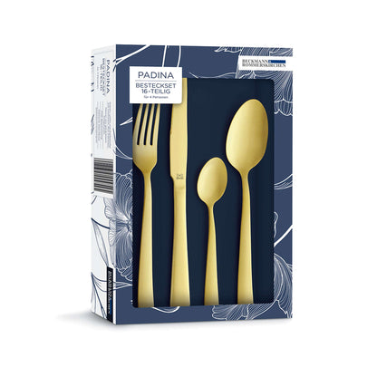 Ein verpacktes 16-teiliges Besteckset „PADINA“ von Beckmann & Rommerskirchen mit PVD-Beschichtung in mattem Champagner, bestehend aus vier Teilen – einem Messer, einer Gabel, Teelöffel und Esslöffel –, gefertigt aus hochwertigem Edelstahl 18/0 mit einer eleganten, matt-champagnerfarbenen PVD-Beschichtung, alles wunderschön präsentiert in einer blauen Schachtel mit Blumenmuster.