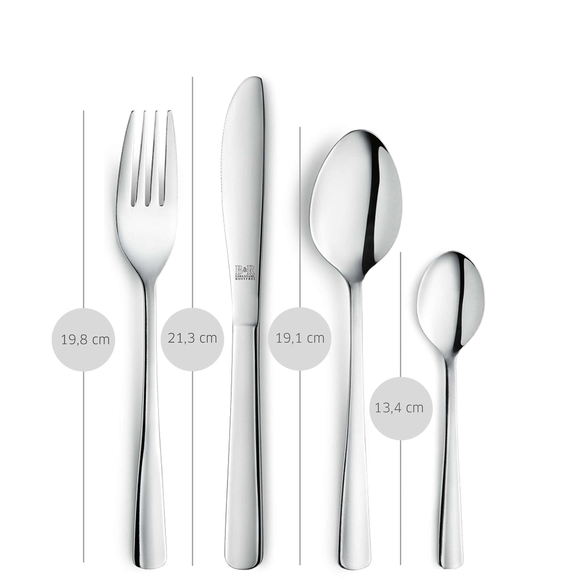 Vier Edelstahlbesteckteile aus dem 24-teiligen Amefa RIVA-Besteckset (Gabel 19,8 cm, Messer 21,3 cm, Esslöffel 19,1 cm und Teelöffel 13,4 cm) sind nebeneinander auf weißem Hintergrund abgebildet, wobei jeweils die Länge angegeben ist. Dieses Besteck von Amefa ist spülmaschinenfest und eignet sich ideal als Teil des vielseitigen 24-teiligen RIVA-Bestecksets.