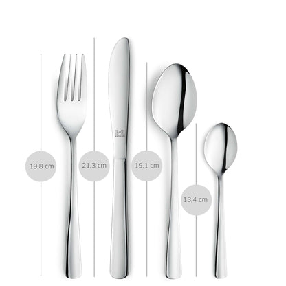 Vier Edelstahlbesteckteile aus dem 24-teiligen Amefa RIVA-Besteckset (Gabel 19,8 cm, Messer 21,3 cm, Esslöffel 19,1 cm und Teelöffel 13,4 cm) sind nebeneinander auf weißem Hintergrund abgebildet, wobei jeweils die Länge angegeben ist. Dieses Besteck von Amefa ist spülmaschinenfest und eignet sich ideal als Teil des vielseitigen 24-teiligen RIVA-Bestecksets.