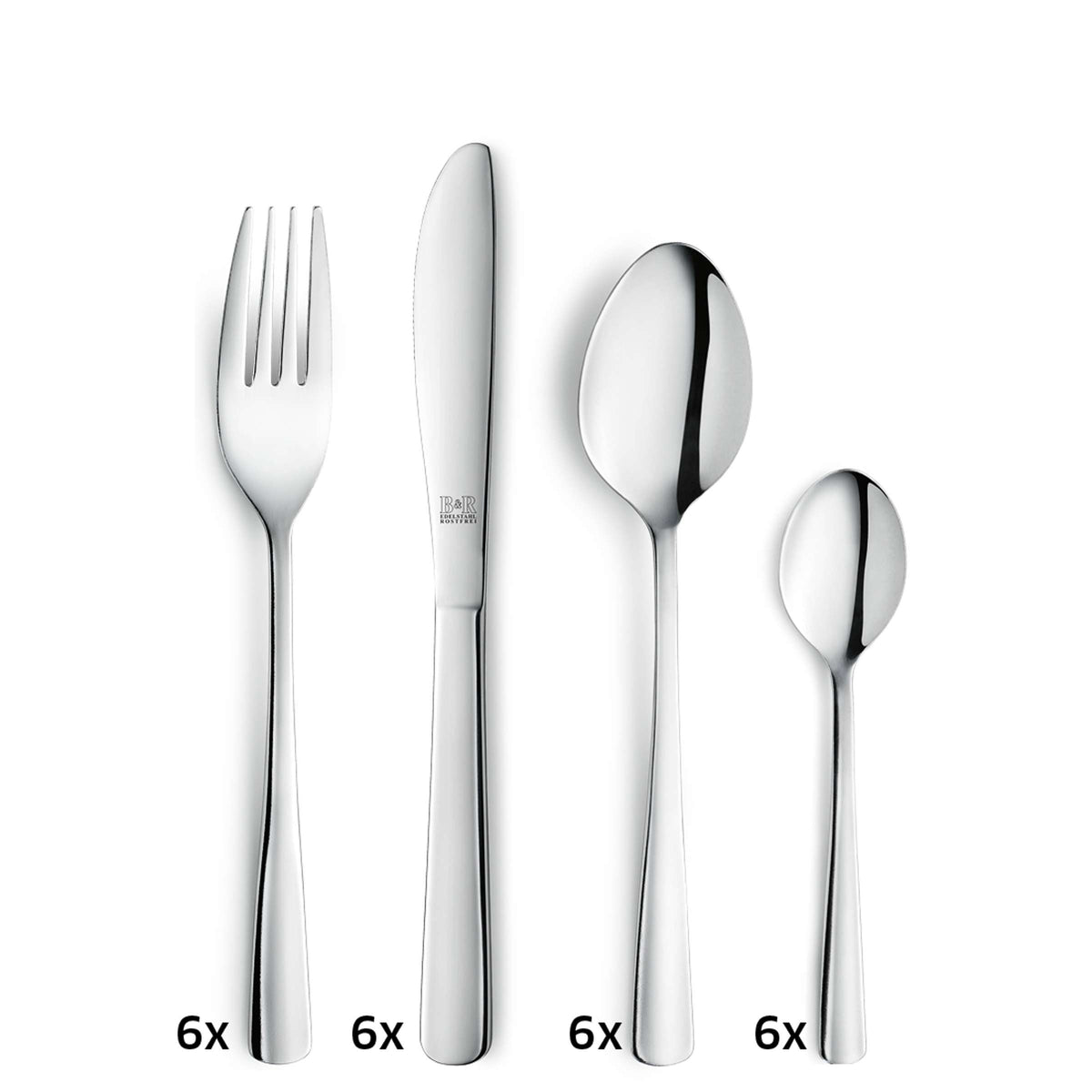 Hier ist eine überarbeitete Version unter Verwendung Ihrer Produktdaten: Das 24-teilige RIVA-Besteckset von Amefa umfasst jeweils sechs Gabeln, Messer, Esslöffel und Teelöffel aus hochwertigem Edelstahl. Das Set ist spülmaschinenfest, langlebig und besonders pflegeleicht.
