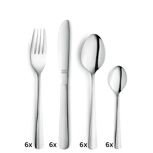 Hier ist eine überarbeitete Version unter Verwendung Ihrer Produktdaten: Das 24-teilige RIVA-Besteckset von Amefa umfasst jeweils sechs Gabeln, Messer, Esslöffel und Teelöffel aus hochwertigem Edelstahl. Das Set ist spülmaschinenfest, langlebig und besonders pflegeleicht.