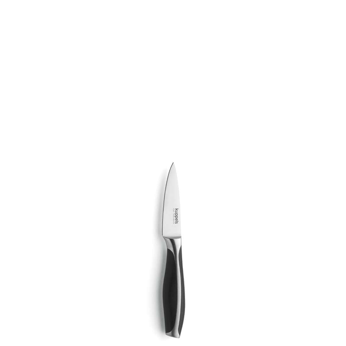 Ein kompaktes Kuppels CHEF Gemüsemesser mit schwarz-silbernem Griff zentriert auf einem schlichten weißen Hintergrund und bietet exzellente Schärfe für präzises Schneiden.