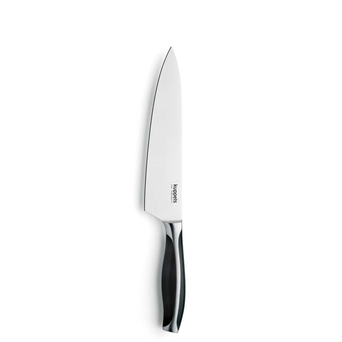 Das Kuppels CHEF Kochmesser 8" aus Edelstahl mit durchgehendem Erl, glänzender Klinge und elegantem schwarz-silbernem Griff steht vertikal vor weißem Hintergrund.