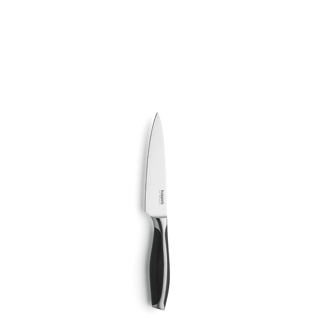 Ein Kuppels CHEF Allzweckmesser mit einem schwarz-silbernen ergonomischen Griff steht aufrecht auf einem schlichten weißen Hintergrund.