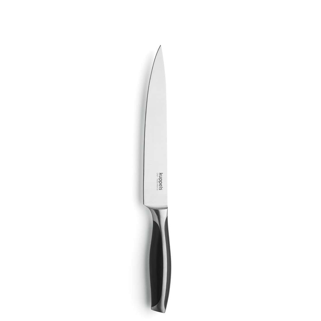 Das Kuppels CHEF Tranchiermesser ist ein Küchenmesser aus Edelstahl mit einer scharfen, spitzen Klinge und einem ergonomischen Griff in Schwarz und Silber, abgebildet vor einem schlichten weißen Hintergrund.