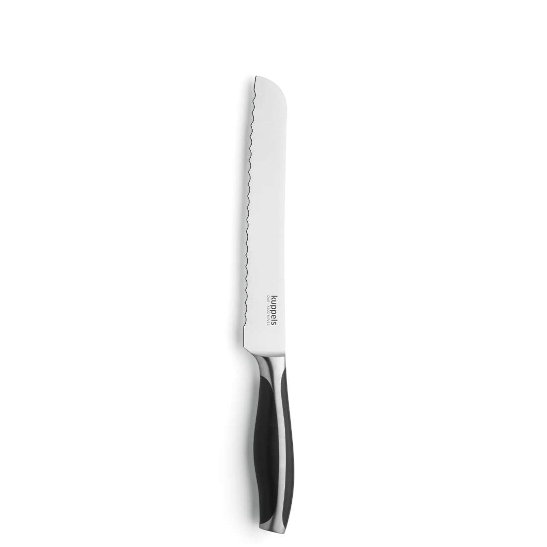 Das Kuppels CHEF Brotmesser ist ein Brotmesser aus Edelstahl mit hervorragender Schärfe, einer gezackten Klinge und einem schwarz-silbernen ergonomischen Griff, vertikal auf weißem Hintergrund dargestellt.