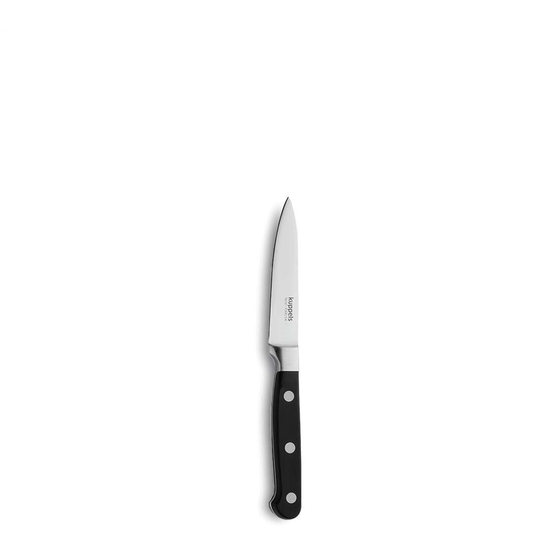 Ein Kuppels SOLID Gemüsemesser mit einer Klinge aus rostfreiem Stahl, schwarzem Griff und drei Metallnieten ist auf einem weißen Hintergrund zentriert.