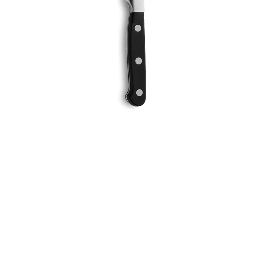 Ein Kuppels SOLID Gemüsemesser mit schwarzem Griff und drei Metallnieten ist auf weißem Hintergrund abgebildet; nur der Griff und ein kleiner Teil der Klinge erscheinen oben in der Mitte.
