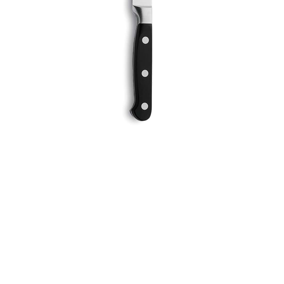 Ein Kuppels SOLID Tomatenmesser mit schwarzem Griff und drei Metallnieten steht vertikal auf weißem Hintergrund und zeigt nur den Griff und einen kleinen Abschnitt seiner scharfen Klinge oben in der Mitte.